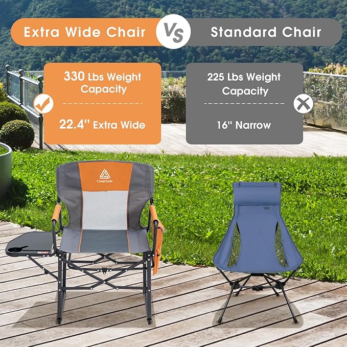 Wide Folding Director Chair with Table, Outdoor Camping Chair for Adults with Cup Holder Load 330 Lbs, Portable Lightweight Chair for Outside with Carry Bag for Patio, Orange-2Pack