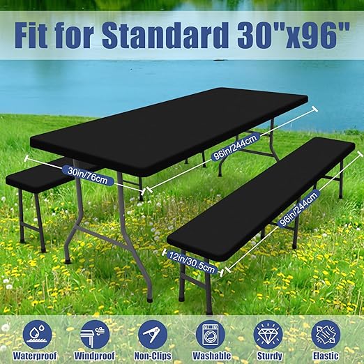 Picnic Table Cover with Bench Covers, Elastic Fitted Spandex Tablecloths for 8 Foot Rectangle Tables, Stretch Washable Patio Tablecloth for Outdoor, Camping (Black, 30"x96")