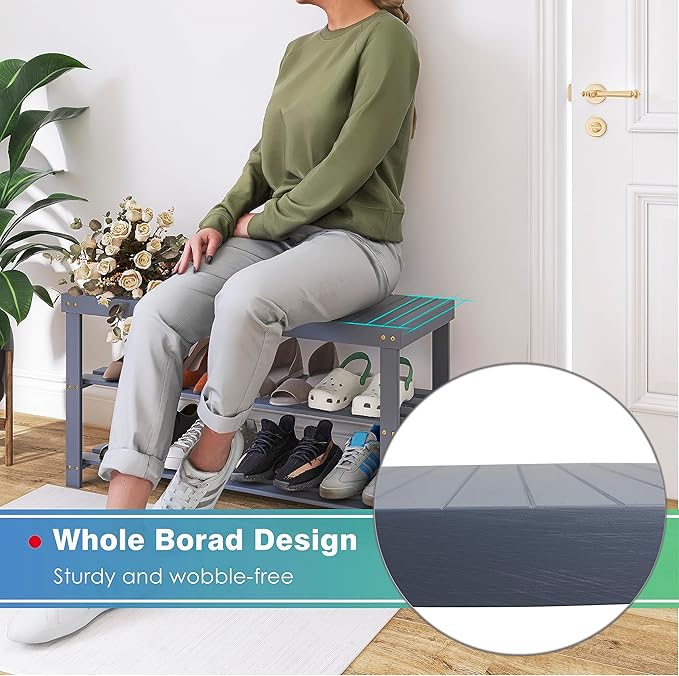 SMIBUY Bamboo Shoe Rack Bench, 3-Tier Shoe Organizer Storage Shelf for Entryway Hallway Bathroom Living Room (Grey)