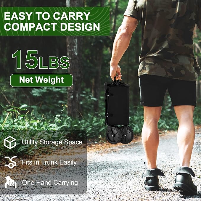 Collapsible Wagon Carts,Folding Wagon Cart with All Terrain Wheels,Heavy Duty Garden Carts with Adjustable Handle,Outdoor Utility Wagon for Camping Shopping Sports Fishing (Black)