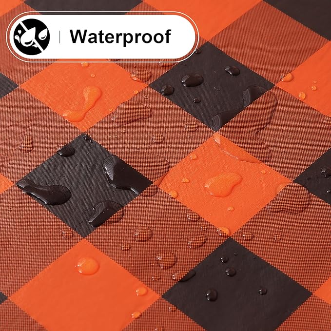 misaya Round Waterproof Vinyl Table Cloth, Buffalo Flannel Backed Tablecloth, Wipeable Plastic Table Cover for Dinner, Kitchen, Picnic (60", Orange and Black)