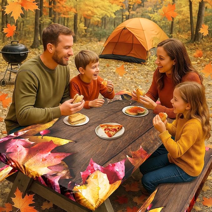 Picnic Table Cover with Bench Covers Elastic Edges, Maple Fall Fitted Table Cover, Outdoor Patio Camping Essentials 72 Inch 3PCS, Waterproof Camping Fitted Tablecloth with Drawstring Bag