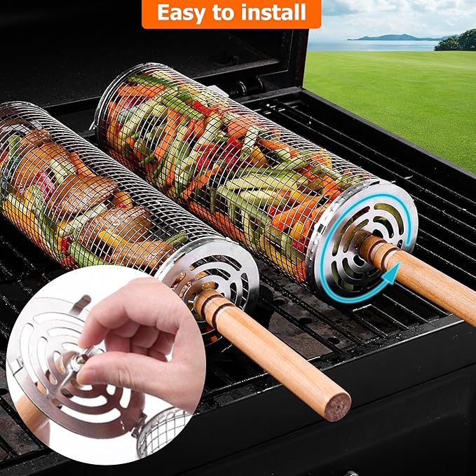 Rolling Grilling Baskets for Outdoor Grill Bbq Net Tube Stainless Steel Large Round Mesh Barbecue Accessories Must Have Cylinder Cage Picnic Gear Cooking Camping Basket for Veggies Vegetable Fish