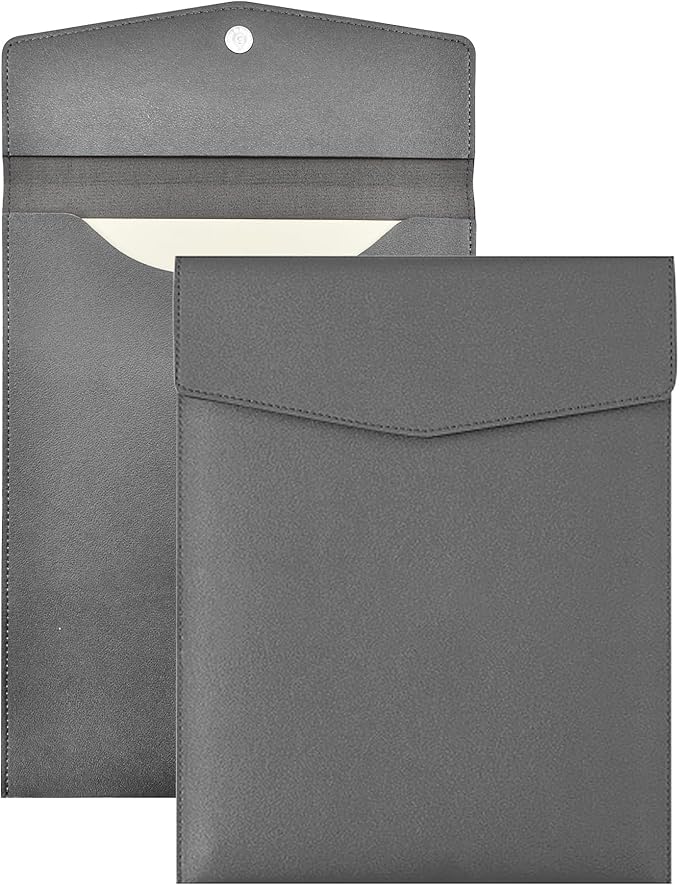 VANRA 1 Piece PU Leather File Folder Vertical A4 Document Holder File Envelope Waterproof Leather Portfolio Case Filing File Organizer for Letter Size with Magnetic Button Closure (Grey)