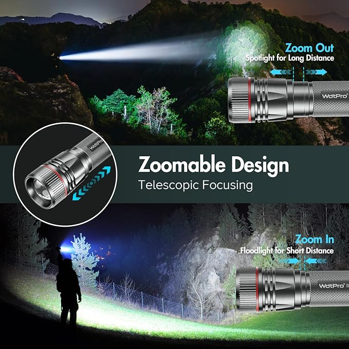 WdtPro Rechargeable Flashlights High Lumens, 1 Pack Super Bright LED Small Tactical EDC Flashlight with 10H Runtime, Portable Flash light for Camping, Home, Emergency Essentials Grey(Battery Included)
