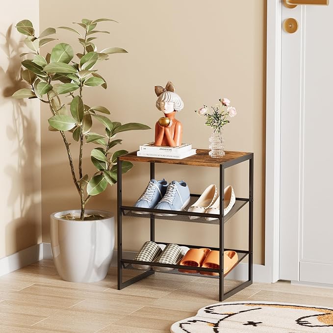 Garden 4 you 3 Tiers Narrow Shoe Rack,Small Space Freestanding Shoe Storage Organizer with Brown Wooden Tabletop,Adjustable Metal Shelf Stackable Shoe Shelf for Entryway Hallway Living Room Closet