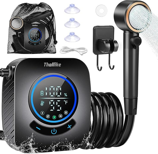 Upgraded Portable Shower with Heater, 1500W Immersion Heated, 8000mAh Rechargeable Camping Shower Pump with LED Display, IPX8 Waterproof Lightweight Outdoor Shower Pump Kit for Hiking, Travel, Car