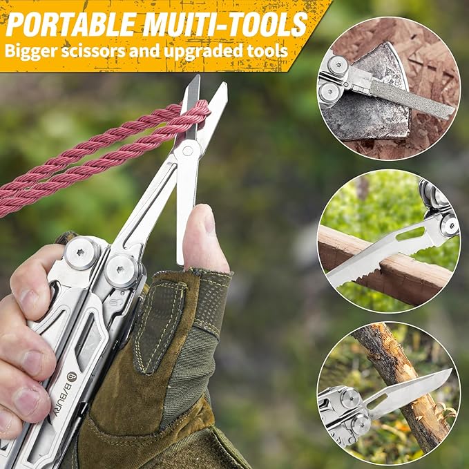 BIBURY Multitool Pliers Pro BI2045, Stainless Steel Multi Tool Pliers with Replaceable Wire Cutters and Saw, Foldable Multitools with Scissors and Screwdriver, Ideal for Camping,Survival, Repair