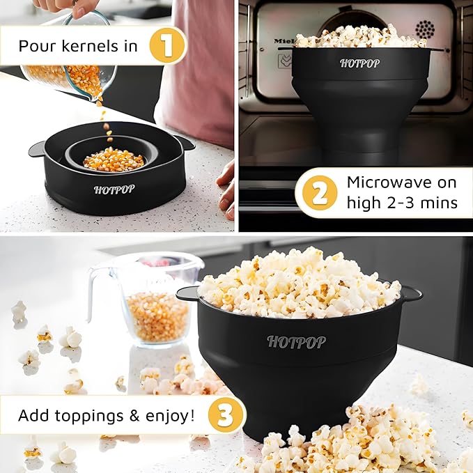 Popco Silicone Popcorn Maker - Microwave Popcorn Popper with Handles - Collapsible Bowl, Heat-Resistant, Easy to Clean, Ideal for Family Movie Nights, 15-Cup Capacity - Black