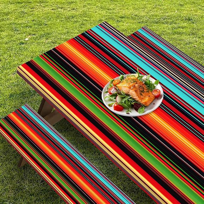 CAPSCEOLL Elastic Picnic Table Cover with Bench Covers 5Ft Waterproof Fitted Picnic Table Cover Cloths for Outdoors Camping Tablecloth with Drawstring Bag, 60X30in, Colorful Stripes