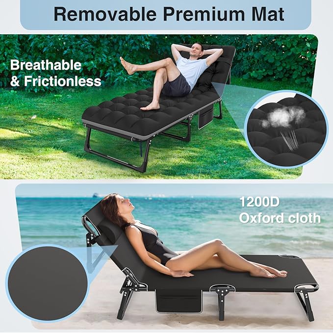 Suteck Camping Cot, 5+2 Positions Adjustable Reclining Folding Camping Cot Sleeping Bed Cots for Adults Outdoor Portable Chaise Lounge Chair W/Carry Bag Pillow Cushion for Home Nap Beach Travel