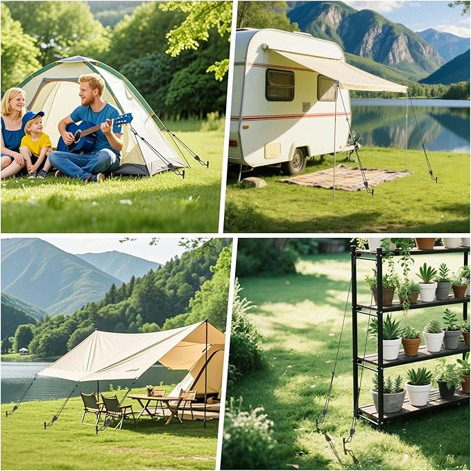 Tent Stake Heavy Duty Kit for High Winds, 4 Pack 17.7" Ground Anchors Screw-in, with Retractable Tie-Down Straps Ropes, Earth Anchors Kit for Campers, Temporary Tents, RV, Awning, Gazebos,Carport