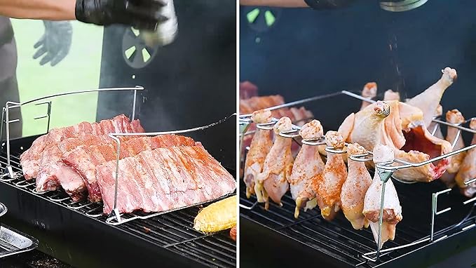 3-in-1 Rib Rack for Smoking & Chicken Leg Rack for Grill - Holds 6 Large Ribs, 12 Chicken Leg Wing, 1 Whole Chicken - Premium Foldable Space-Saving Chicken Drumstick Rib Racks for Grilling & Smoking