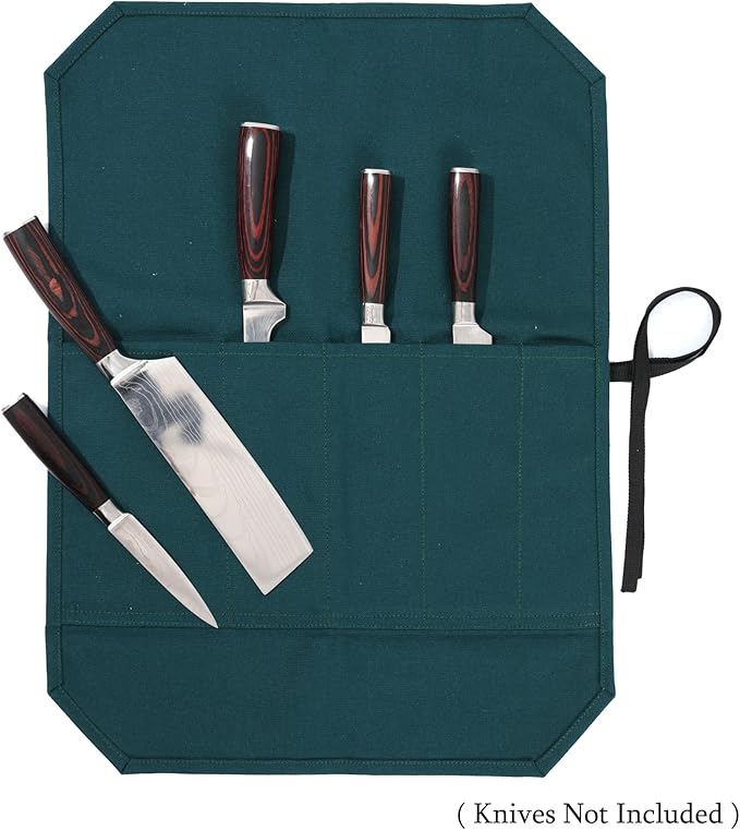 Kaaltisy Chef Knife Roll Bag, Heavy Duty 16oz Waxed Canvas Knife Storage Case, Knife Carrier Roll with Cut Resistant Fabric, 5 Slots Knife Bag with Tie Rope - Dark Green