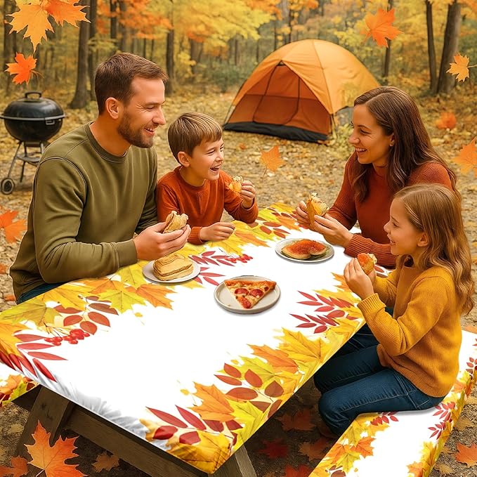 Picnic Table Cover with Bench Covers Elastic Edges, Leaves Fall Fitted Table Cover, Outdoor Patio Camping Essentials 72 Inch 3PCS, Waterproof Camping Fitted Tablecloth with Drawstring Bag
