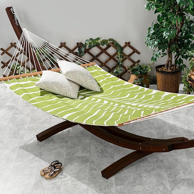 Fab Habitat Tropical Leaf Recycled Polyester Hammock - Hilo - Green - Indoor/Outdoor, Quick Dry, 2 Person 460 lbs Capacity - Patio, Poolside, Backyard - 12-14 ft Adjustable