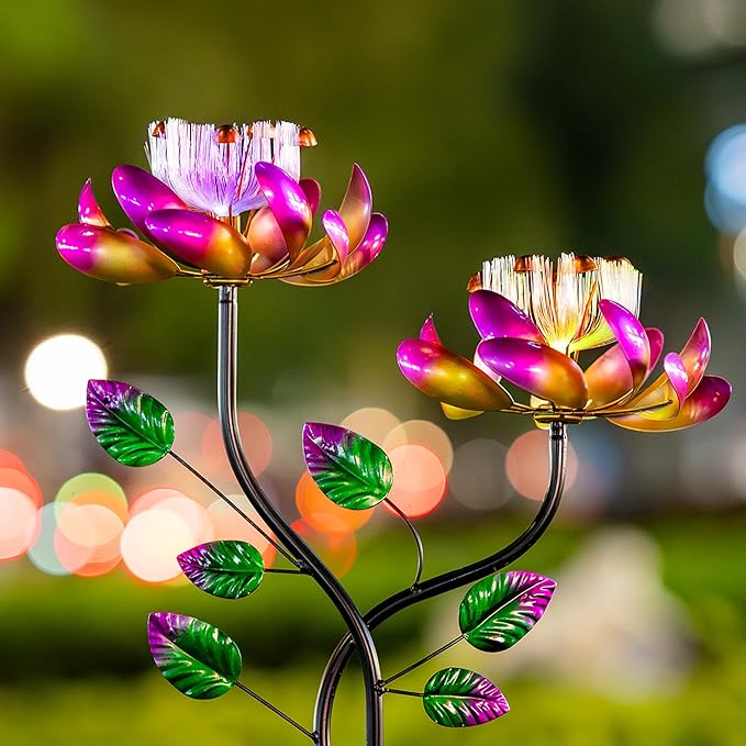 55'' Solar Powered Kinetic Wind Spinner Sculpture Pink Lotus Metal Stake Spinner for Patio, Lawn and Garden Decor Weather-Resistant Outdoor Art with Dual Lotus Design