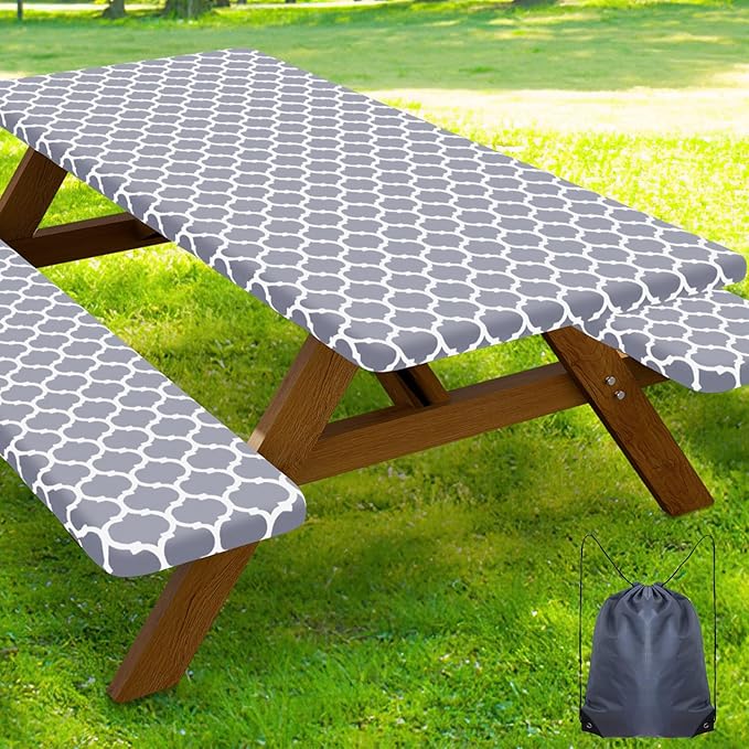 Smiry Picnic Table Cover with Bench Covers, Waterproof Elastic Fitted Tablecloth for 5 Foot Tables, Washable Polyester Tablecloths for Camping, Indoor & Outdoor (Grey Morocco, 30x60 Inch 3-pc Set)