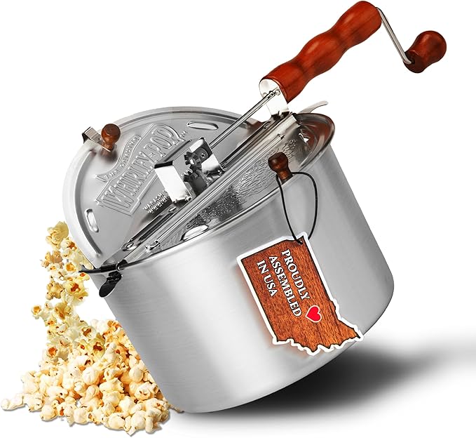 Original Whirley Pop Popcorn Maker - 6 Quart Stovetop Popcorn Popper With Four Popping Kits, Aluminum Popcorn Pot With Metal Gears, Wabash Valley Farms Stove Top Popcorn Maker, Popcorn Pan (Silver)
