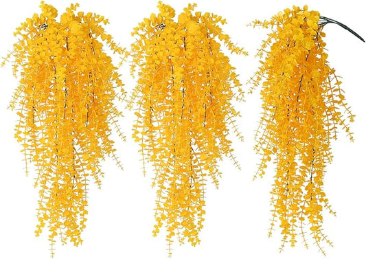 RECUTMS Aritificial Hanging Plant 3 Pack Fake Eucalyptus Leaves Faux Yellow Vine Plant Hanging for Indoor Home Room Wall Outdoor Garden Party Proch Wedding Backyard Arch Decoration(Pure Yellow)