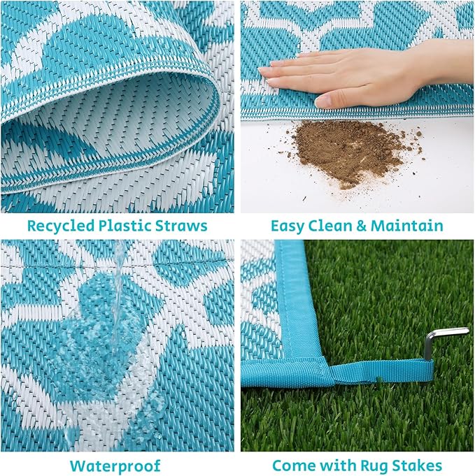 HEBE Outdoor Rug Waterproof 9x12, Plastic Straw Rug Camping Rug, Reversible Outdoor Patio Rugs RV Mat Clearance, Indoor Outside Floor Carpet for Porch,Deck,Camper,Balcony,Backyard