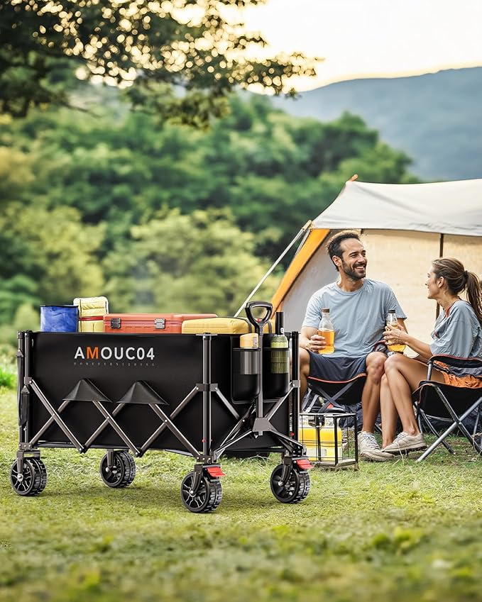 Wagon Cart Foldable, Collapsible Wagon with Expandable Storage, 150L Foldable Grocery Cart with 2 Cup Holders for Outdoor, Garden, Camping &Groceries