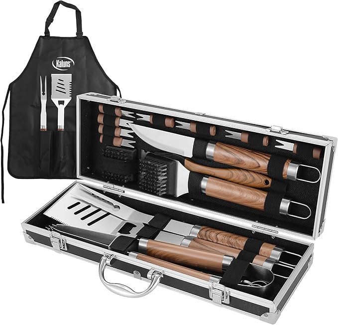 Kaluns Grilling Accessories, Dad Gifts for Christmas Grilling Gifts, Heavy Duty Stainless Steel BBQ Grill Tools Set for Outdoor Grill with Aluminum Case and Apron, Dad Birthday Gifts for Men Husband