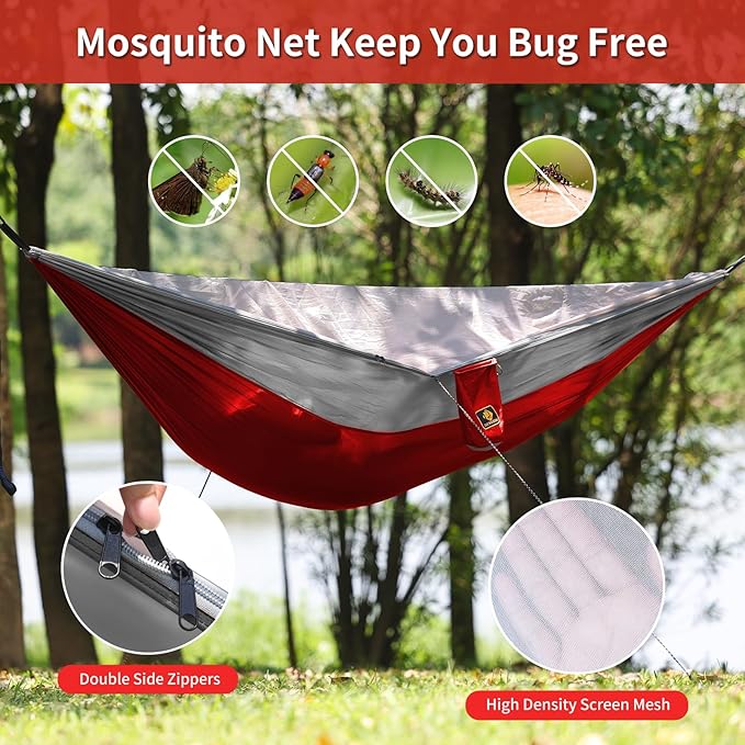Camping Hammock, Portable Hammocks with Mosquito Net,Lightweight Nylon Parachute Hammock with 10ft Tree Straps,Camping Gear Must Haves for Travel Hiking Backpacking Beach Patio-Red&Grey
