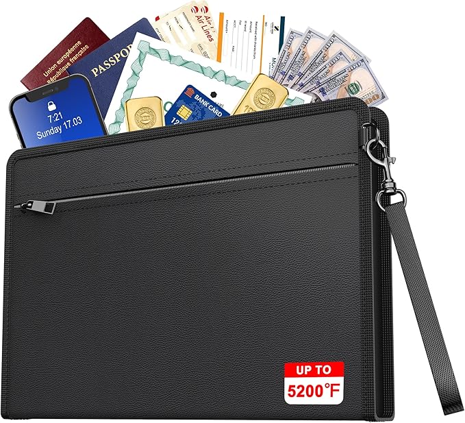 JUNDUN 5200℉ Fireproof Document Bag,13.5”x 9.6” Water Resistant and Fireproof Money Bag with Zipper,Home Fire Safe Storage Bag Pouch for Letter Size Documents,Cash,Passport and Cards