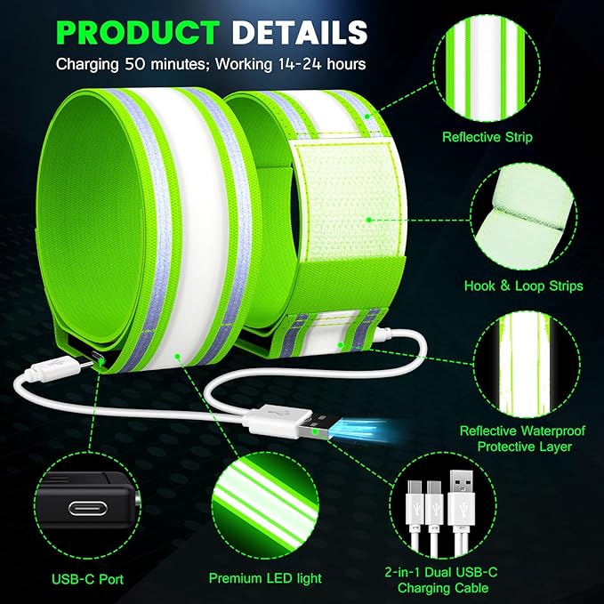 Light Up LED Armband for Running Walking at Night,Reflective Arm Bands for Runners,Rechargeable Jogging Lights,High Visibility Night Running Safety Gear Adjustable Running Women Men Kids