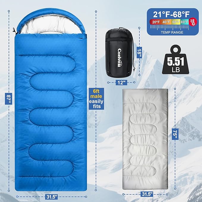 2-in-1 Detachable Sleeping Bag,Waterproof 4-Season Adult Sleeping Bags w/Removable Cotton Liner – Converts to 2 Lightweight Bags for Camping, Hiking, Travel