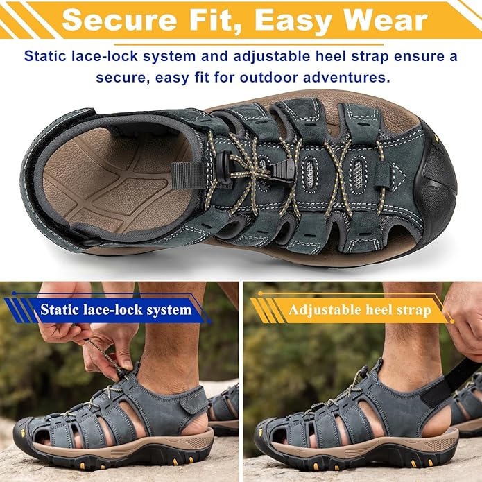Men's Sport Sandals Closed Toe Leather Hiking Athletic Walking Outdoor Beach Trail River Fishing Water Shoes Lightweight Comfortable Waterproof