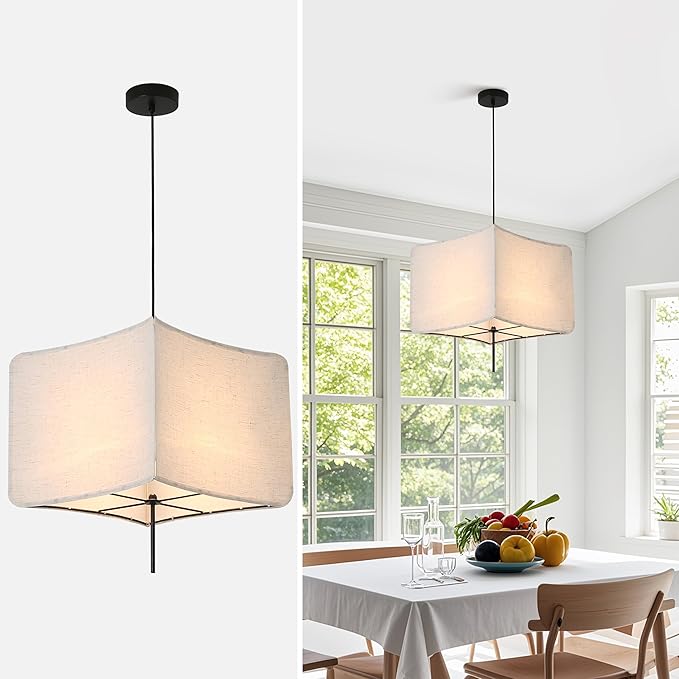 Modern Square Linen Fabric Pendant Light - 74.8??x 14.17??x 14.17?? Adjustable Hanging Light Fixture, E26 Socket (No Bulbs), Minimalist, for Kitchen, Dining Room, Bedroom, Living Room,Corner