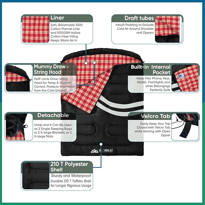 IFORREST Cotton Flannel Double Sleeping Bag for Adults - 2-Person 10°F Cold Weather Camping Bed - Extra-Wide & Warm Queen-Size XXL