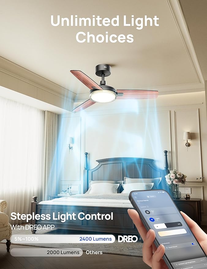 Dreo Smart Ceiling Fans with Lights, 42 Inch Black Ceiling Fan, 12 Speeds & 3 Fan Modes, Stepless Color Tones, Dimmable LED Light, 1-12H Timer, Quiet DC Motor, Remote/APP/Alexa/Wall Switch Control