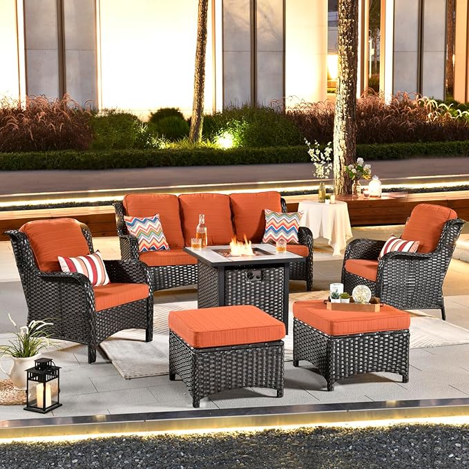 ovios 6 Pieces Patio Furniture Set with 30" Fire Pit Table, Outdoor Wicker Sofa with Ottomans, Comfy Cushions, High Back Couch Conversation Set, Brown Rattan, Orange Red