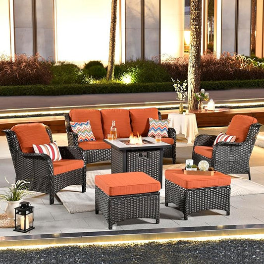 ovios 6 Pieces Patio Furniture Set with 30" Fire Pit Table, Outdoor Wicker Sofa with Ottomans, Comfy Cushions, High Back Couch Conversation Set, Brown Rattan, Orange Red