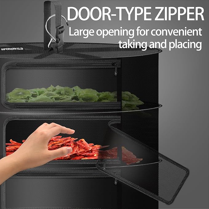 Herb Drying Rack Hanging Mesh Net，8+1 Layer Plant Drying Rack with Door-Type Zipper & Closed Storage Compartment for Folding Basket Dryer Fit in Grow Tents、Garden Outdoor