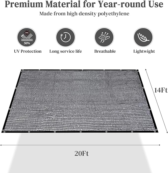 Garden 50% Shade Cloth, 14 x 20 FT Sun Shade Mesh Tarp with Reinforced Grommets, Durable HDPE Material Outdoor Shade Cloth for Plants, Greenhouse, Pergola and Backyard Patio Sunshade