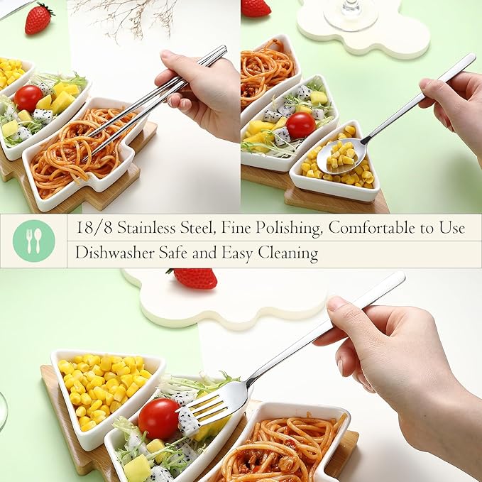 DEVICO Travel Utensils with Case Cute, Reusable Silverware for Lunch, Portable Cutlery Set, 18/8 Stainless Steel Fork Spoon Chopsticks in Cartoon Case, Dishwasher Safe (White)