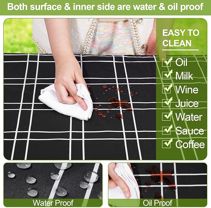 Picnic Table Cover with Bench Covers Camping Essentials Waterproof Windproof Camping Tablecloth with Drawstring Bag, Fitted Rectangle Tables and Seats, 96in, Black Checkered