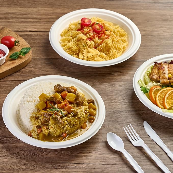 ECOLipak 125 Pack Paper Plates 9 inch 100% Compostable Plates Heavy-Duty Dinner Plates Disposable Bagasse Deep Dish Natural Biodegradable Eco-Friendly Sugarcane Plates(White)