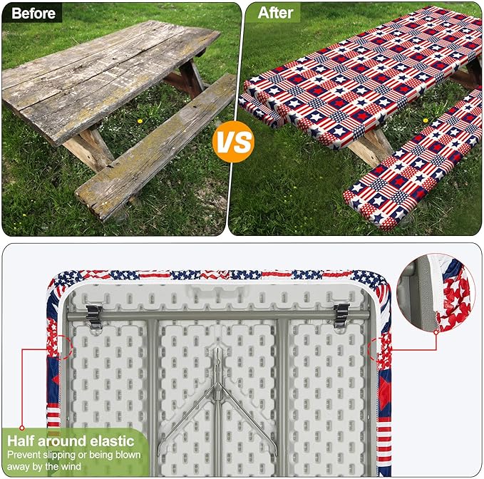 Picnic Table Cover with Bench Covers Camping Essentials Waterproof Windproof Camping Tablecloth with Drawstring Bag, Fitted Rectangle Tables and Seats, 96in, Red Blue Checkered