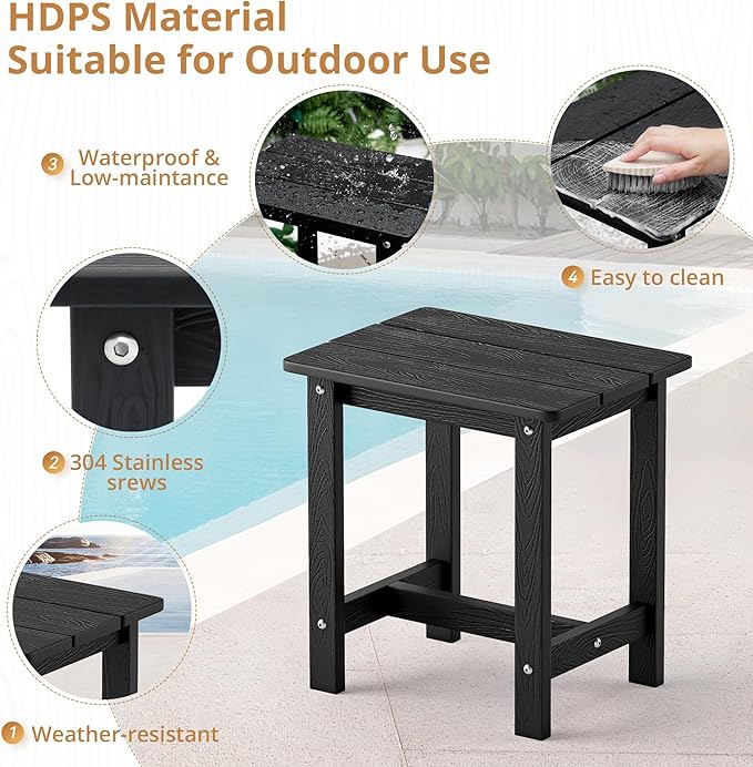 LUE BONA Outdoor Side Table, HDPS Small Outdoor Adirondack Side Tables, Outside End Table for Patio, Porch, Deck, Pool, Weather Resistant/Easy Maintenance, Black