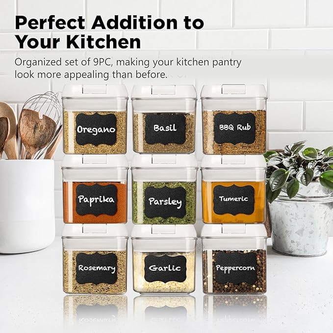 Shazo 9 PC Airtight Food Storage Containers - BPA Free Clear Plastic Snack & Spice Containers with Easy Lock Lids - Kitchen and Pantry Organization for Herbs, Coffee, Tea - 0.5L / 2.1 Cups
