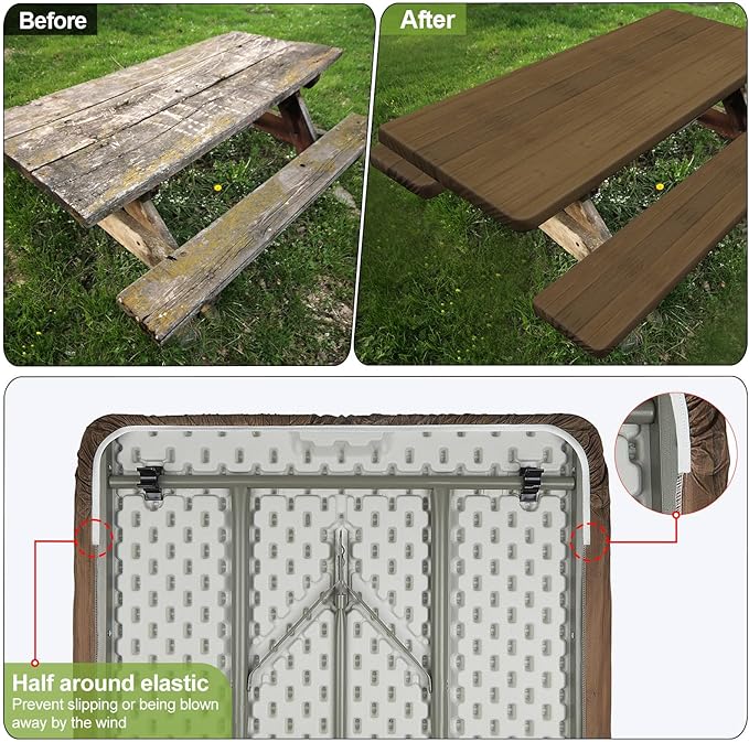 Picnic Table Cover with Bench Covers Camping Essentials Waterproof Windproof Camping Tablecloth with Drawstring Bag, Fitted Rectangle Tables and Seats, 72in, Dark Brown