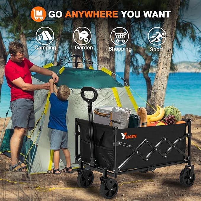 Collapsible Wagon Cart Foldable with 350lbs Weight Capacity, Lightweight Utility Shopping Cart with Wheels, Folding Grocery Wagon Carts Portable for Beach Garden Sports and Camping, Black
