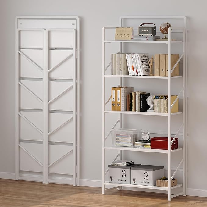 JSB No Assembly Folding Bookshelf, 5 Tier Industrial Metal Book Shelf for Storage, Vintage Wood Foldable Bookcase for Living Room, Bedroom, Office Organization Shelves