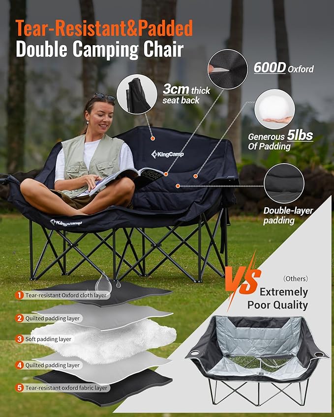 KingCamp Double Camping Chair, Oversized Heavy Duty Loveseat for Adults Portable Folding XL 2 Person Couch Padded Comfortable Two Seat with Cup Holder for Outdoor Lawn Backyard