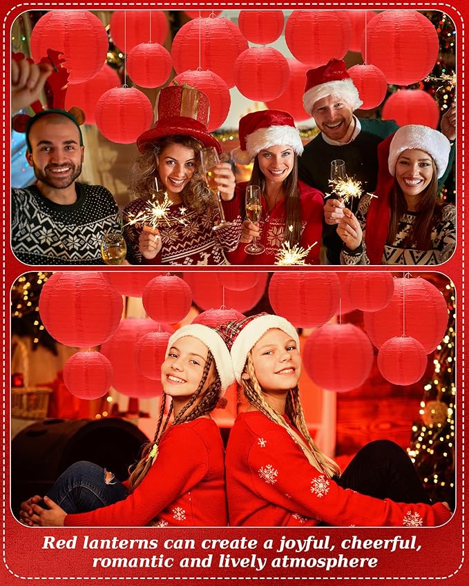 Treela 48 Pcs Paper Lanterns Party Decorations Chinese Round Paper Lanterns 4/6/8/10 Inch Asian Hanging Lamps Decorative for Birthday Party Supplies(Red)